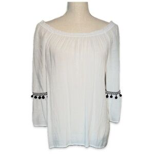 IN Studio Blouse Women’s size M White with Black Pom Poms